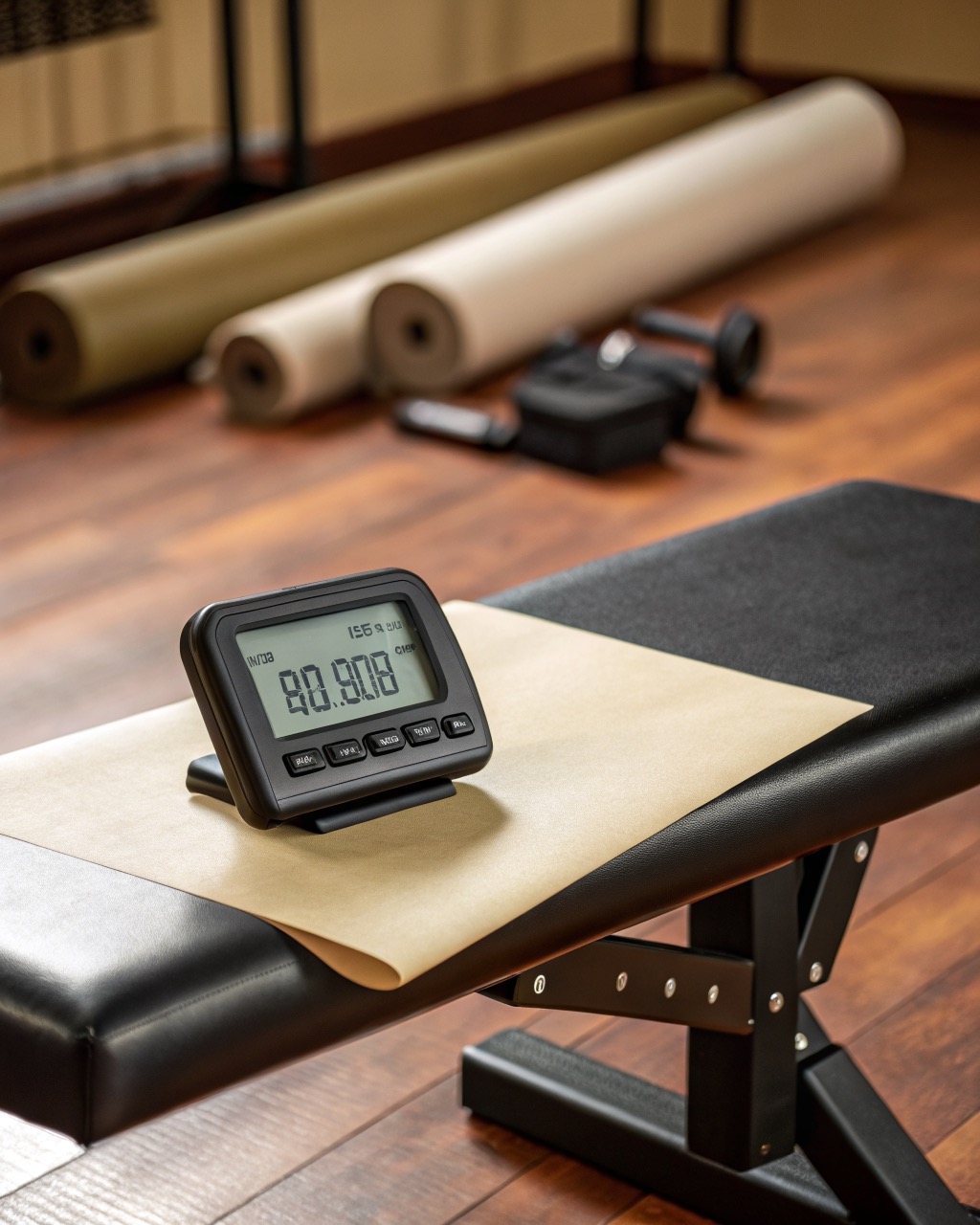 Black magnetic interval timer with a large LCD display standing on its fold-out stand on a gym bench, shown straight on