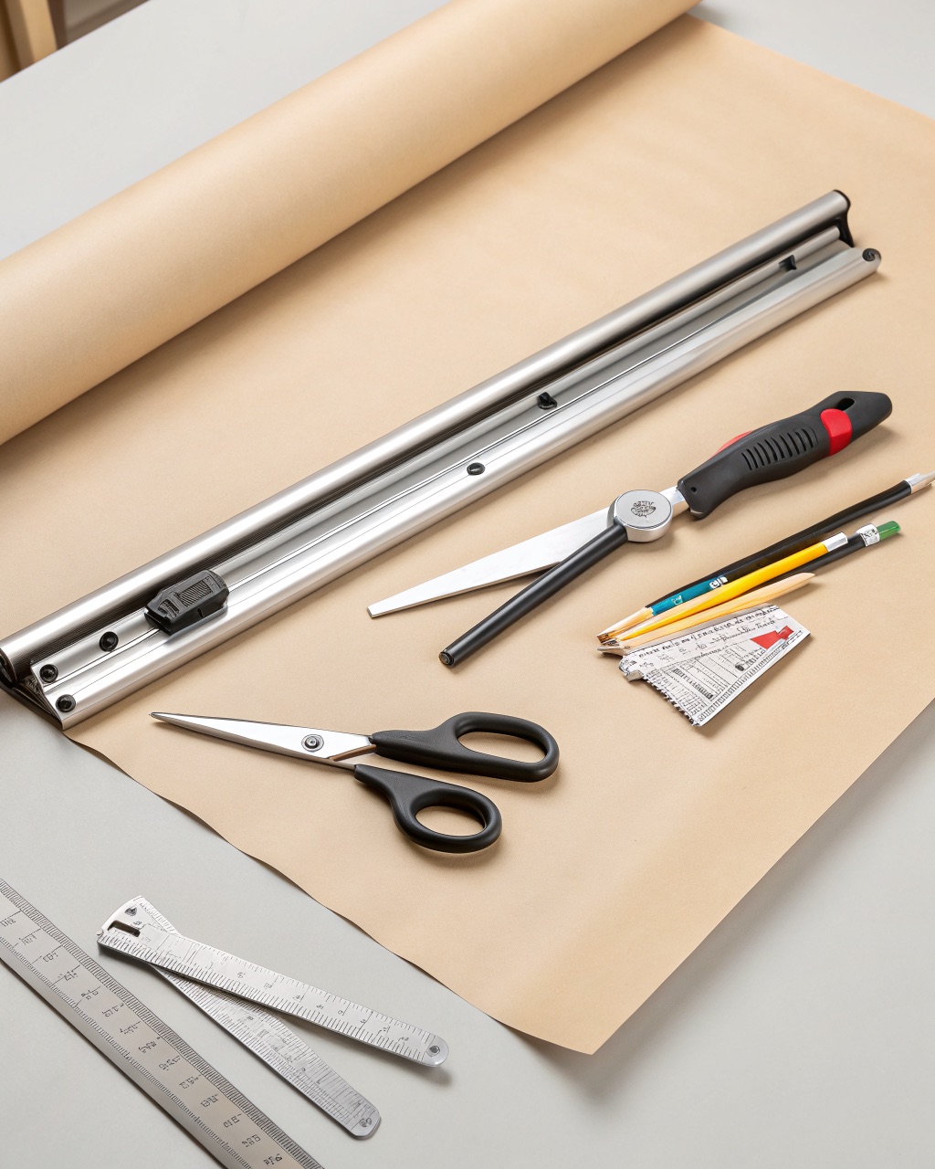 Anodized silver aluminum magnetic rail mounted on a wall holding scissors and a craft knife by their steel blades