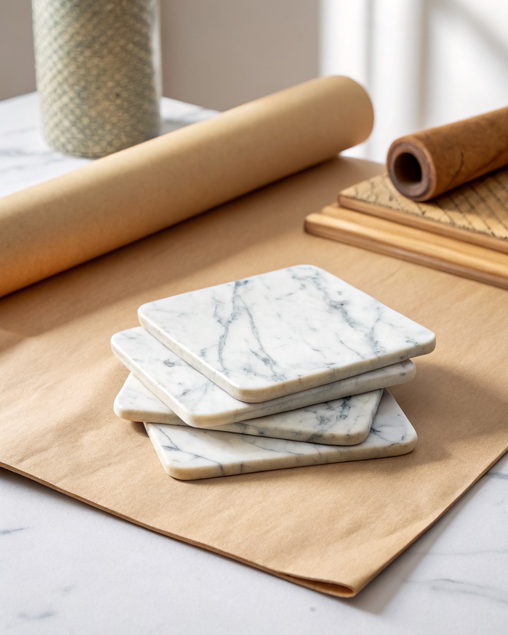 Four square white marble coasters with grey veining and cork-backed feet, stacked and fanned on a white studio background
