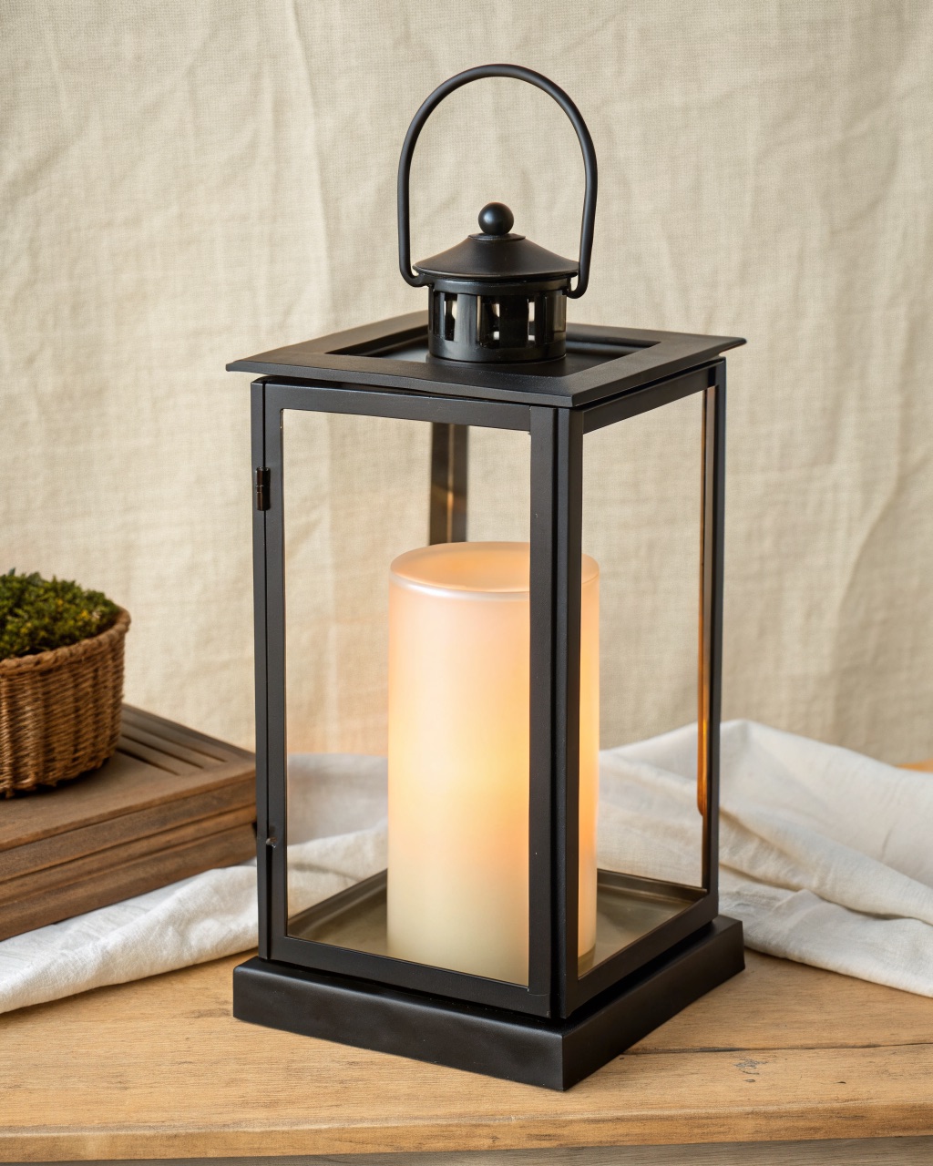 Small cordless table lantern with a frosted glass chimney in a black powder-coated steel frame and a carry loop on top