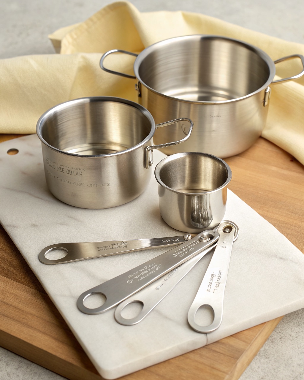 Four nesting stainless steel measuring cups and four spoons on a ring, stamped with volume markings