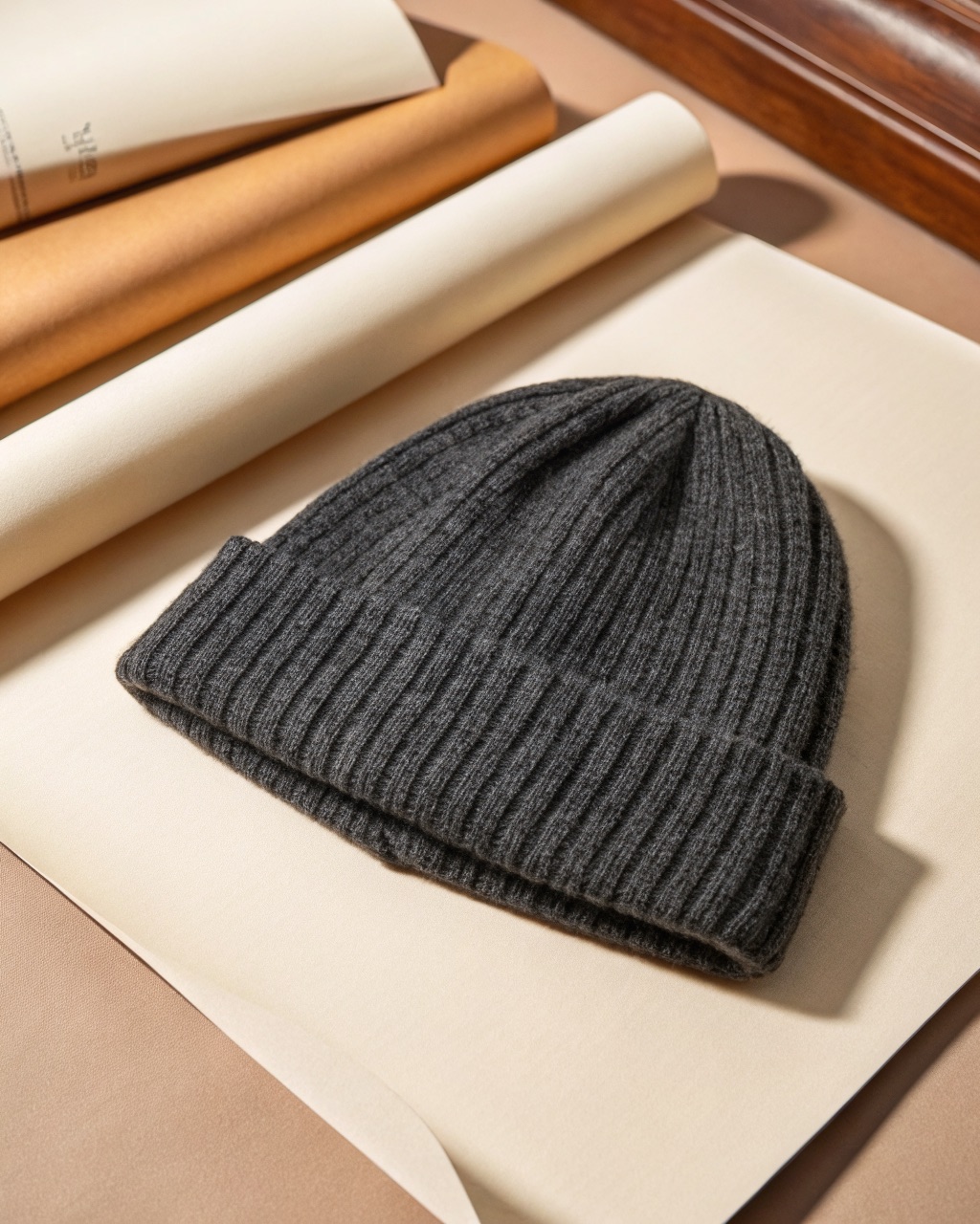 Charcoal merino wool ribbed watch cap laid flat, showing the 2x2 rib texture