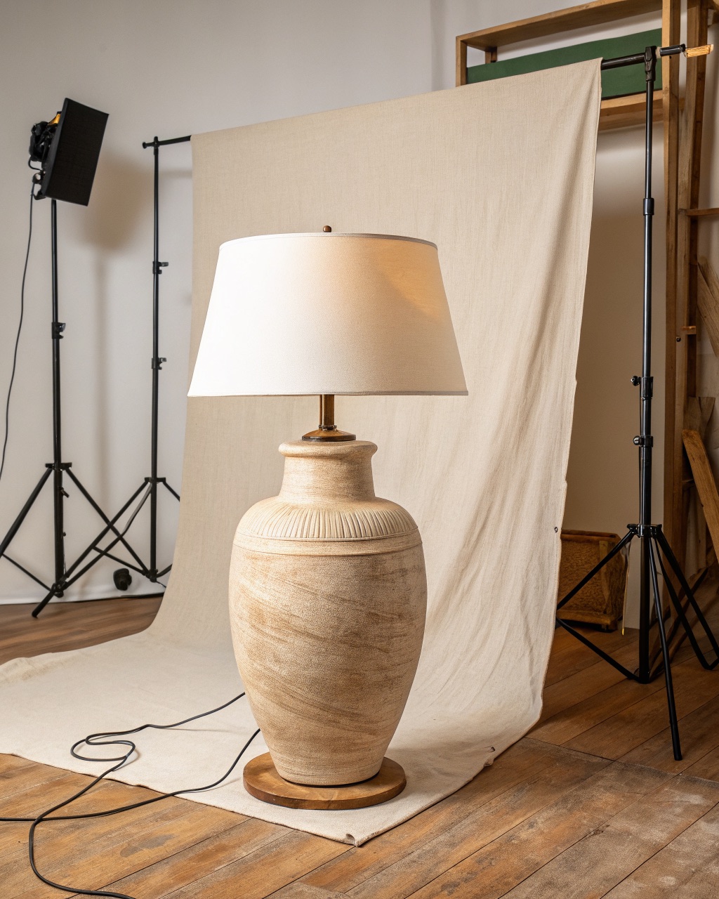 Wheel-thrown ceramic table lamp with a natural linen drum shade