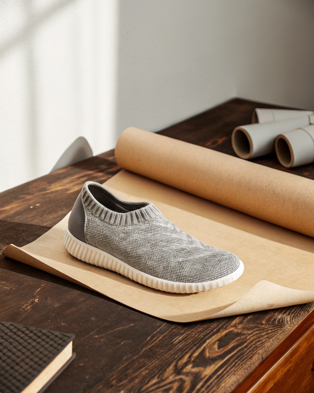 single grey knit minimalist barefoot shoe in three-quarter view on a plain pale backdrop, wide rounded toe box and thin flat sole