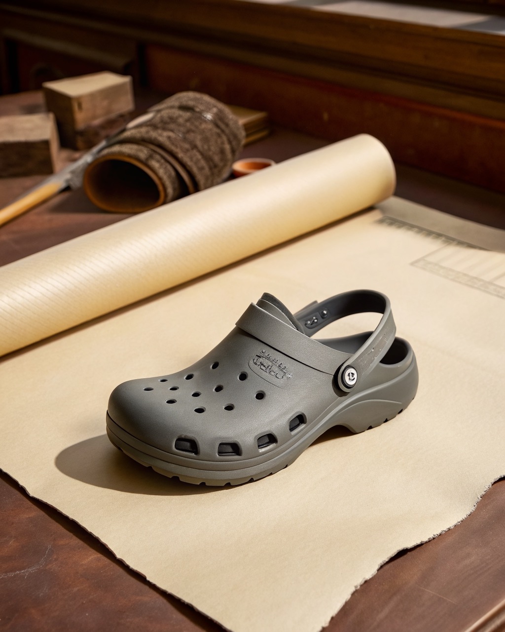 single slate grey molded EVA clog in three-quarter view on a plain pale backdrop, ventilation ports across the upper and a pivoting heel strap