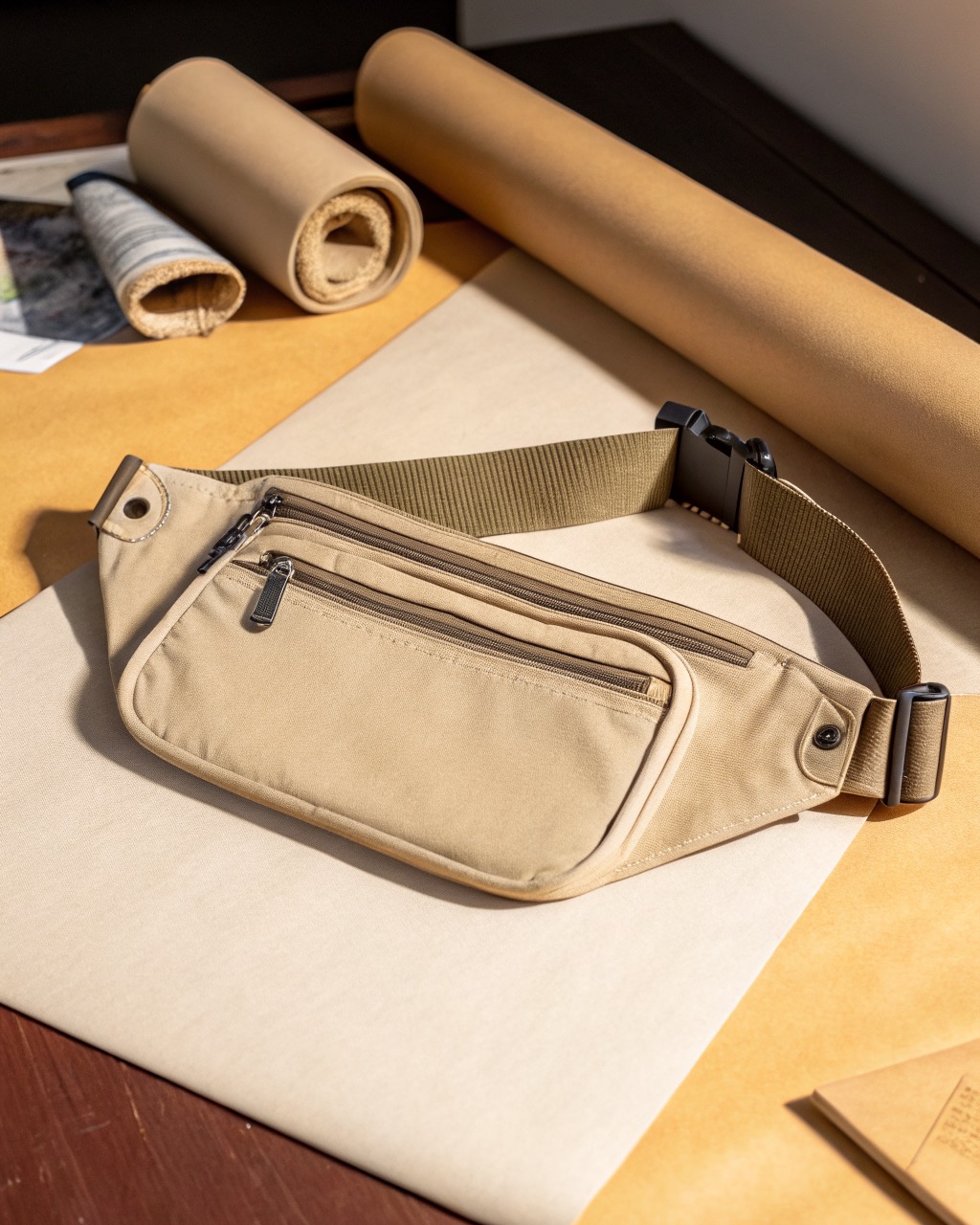 Beige moisture-wicking nylon concealed money belt laid flat showing two zip compartments and an adjustable waist strap on a plain surface