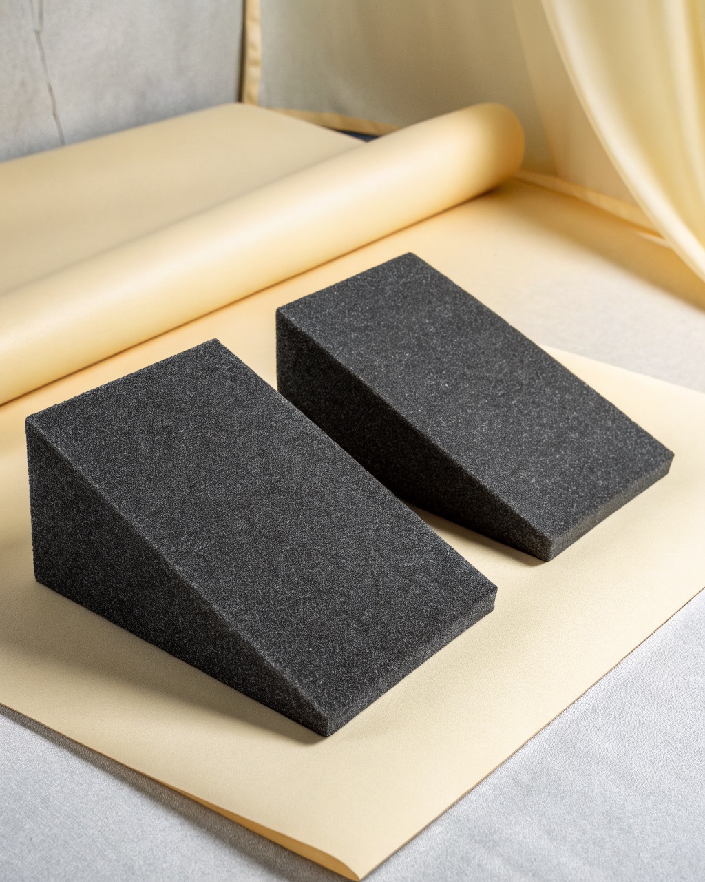 Pair of dark grey wedge-shaped high-density foam isolation pads, one flat and one tilted with a wedge insert under the front