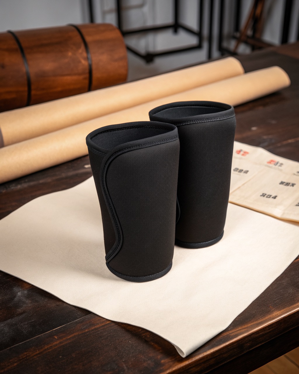 A pair of black 7 mm neoprene knee sleeves standing upright side by side on a white surface, showing the flat seams