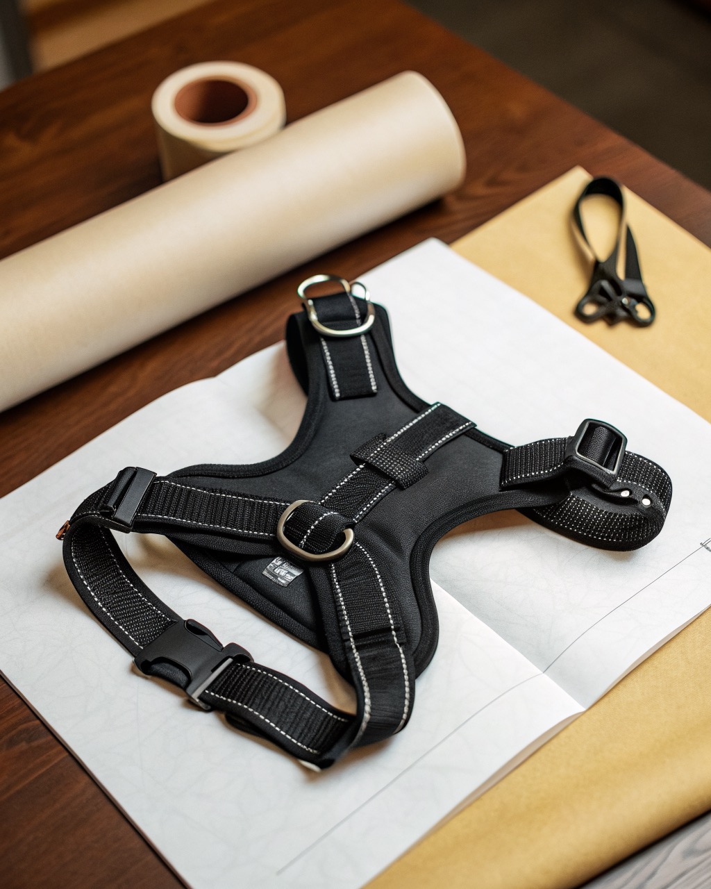 Black Y-front no-pull dog harness laid open on a white surface showing air-mesh padding, front chest ring, and reflective stitching