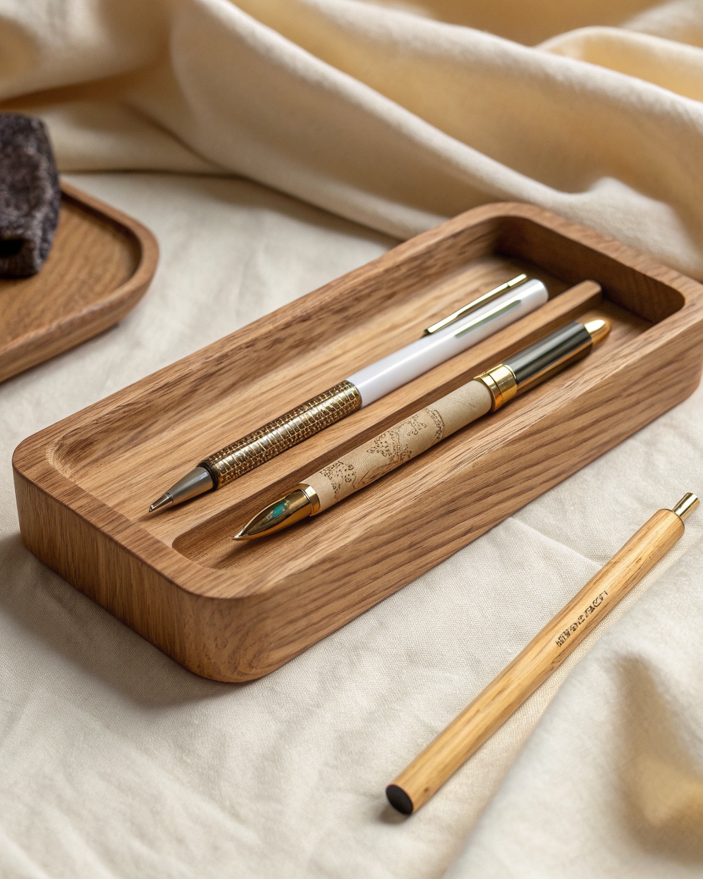 Solid white oak desk tray with three milled channels holding two pens and a pencil, oiled honey-toned grain