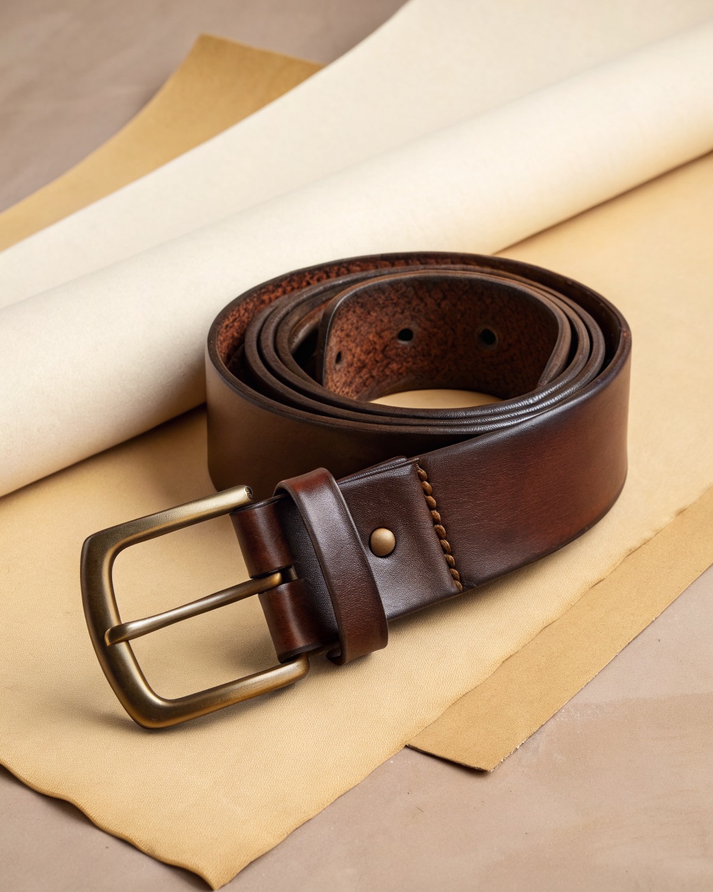 Dark brown oiled full-grain leather belt coiled flat with a solid brass roller buckle and burnished edges