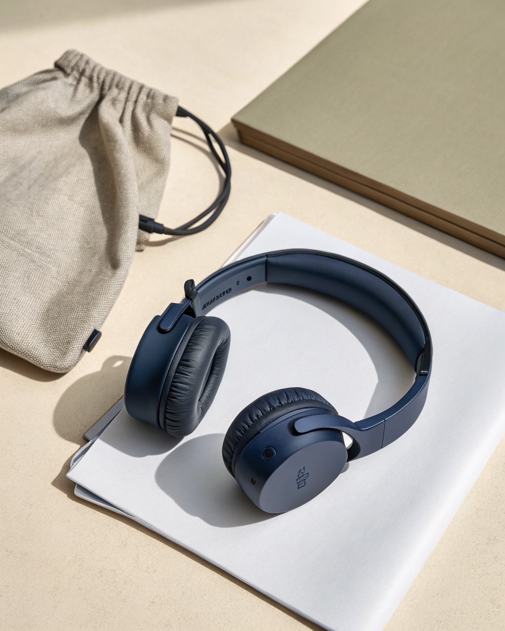 Compact on-ear wireless headphones in matte navy, shown folded at the hinges beside a grey fabric pouch