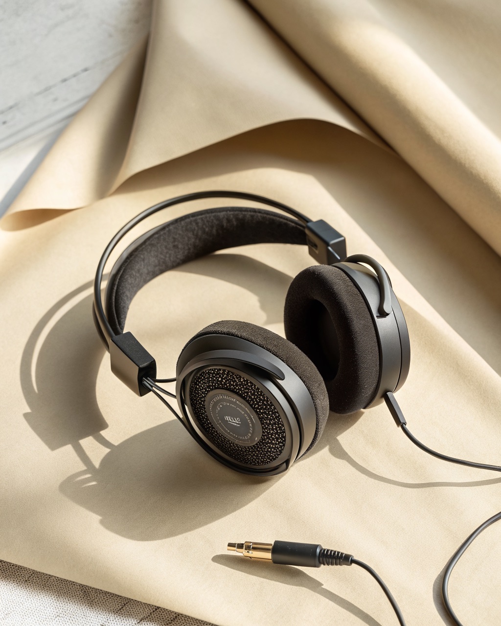 Open-back over-ear headphones with vented matte black housings, grey velour ear pads, and a coiled cable