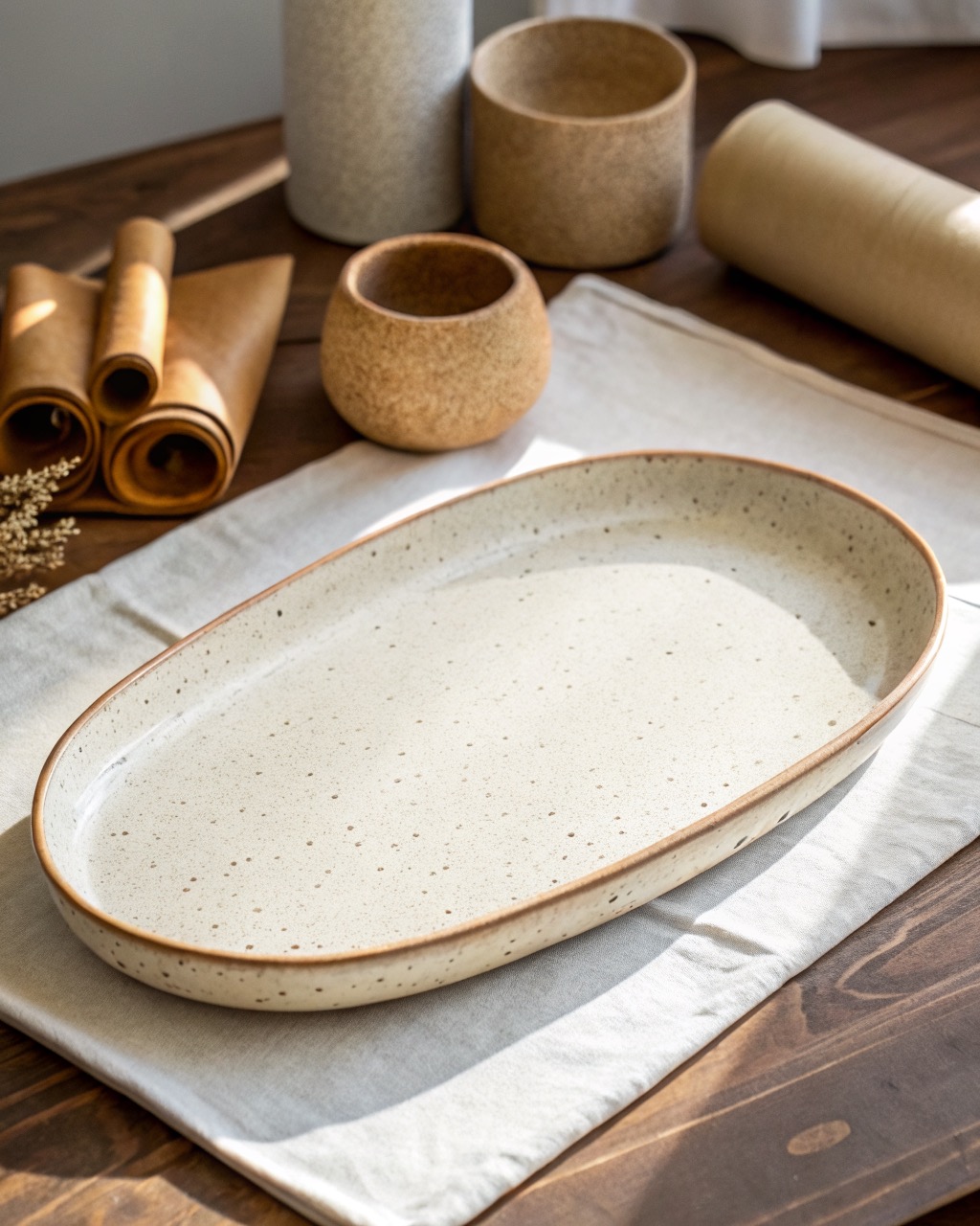 Large oval speckled stoneware serving platter with a shallow rim well, photographed from above on a white background