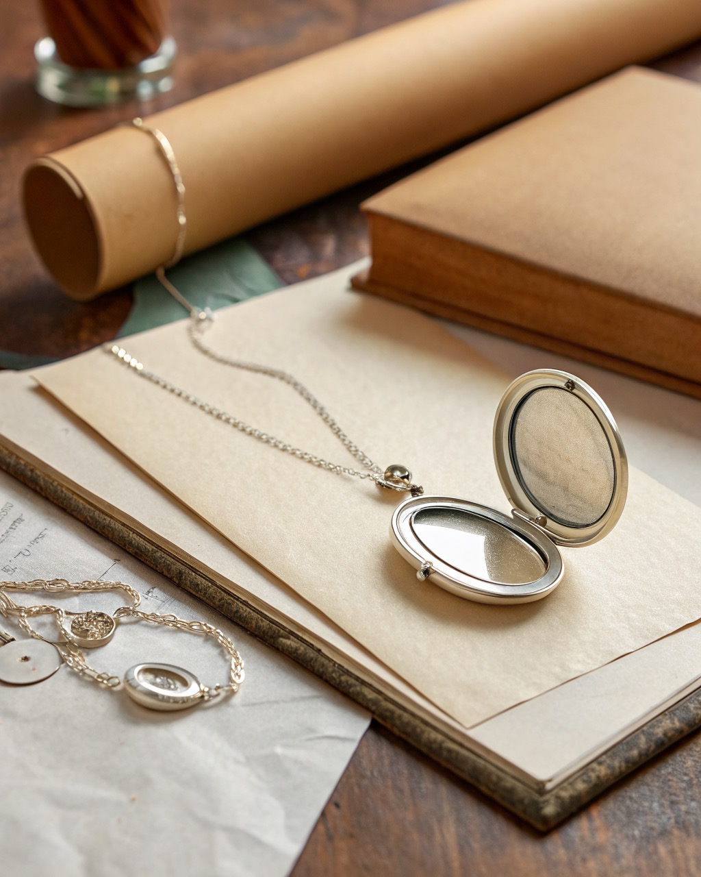 open hinged oval sterling silver locket showing two empty photo frames on a pale stone surface, soft shadow beneath