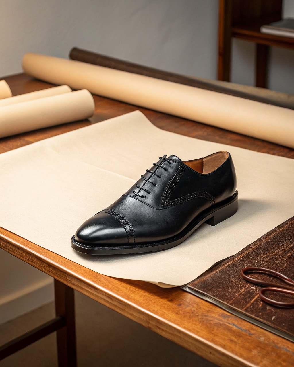 single black calf leather cap-toe oxford shoe in three-quarter view on a plain pale backdrop, closed lacing and polished toe cap on a leather sole