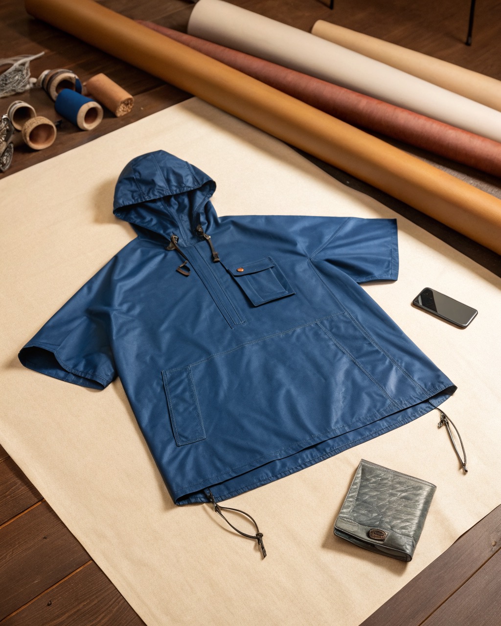 Cobalt coated-ripstop packable rain poncho shown laid out with its hood up next to the phone-sized fold-away pouch on a plain surface