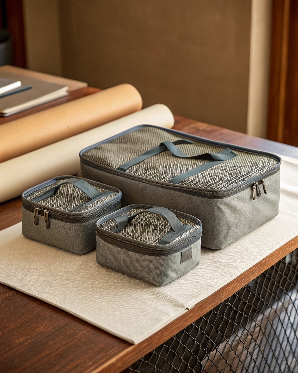 Set of four slate ripstop nylon packing cubes in graduated sizes arranged in a row with mesh tops and webbing handles visible