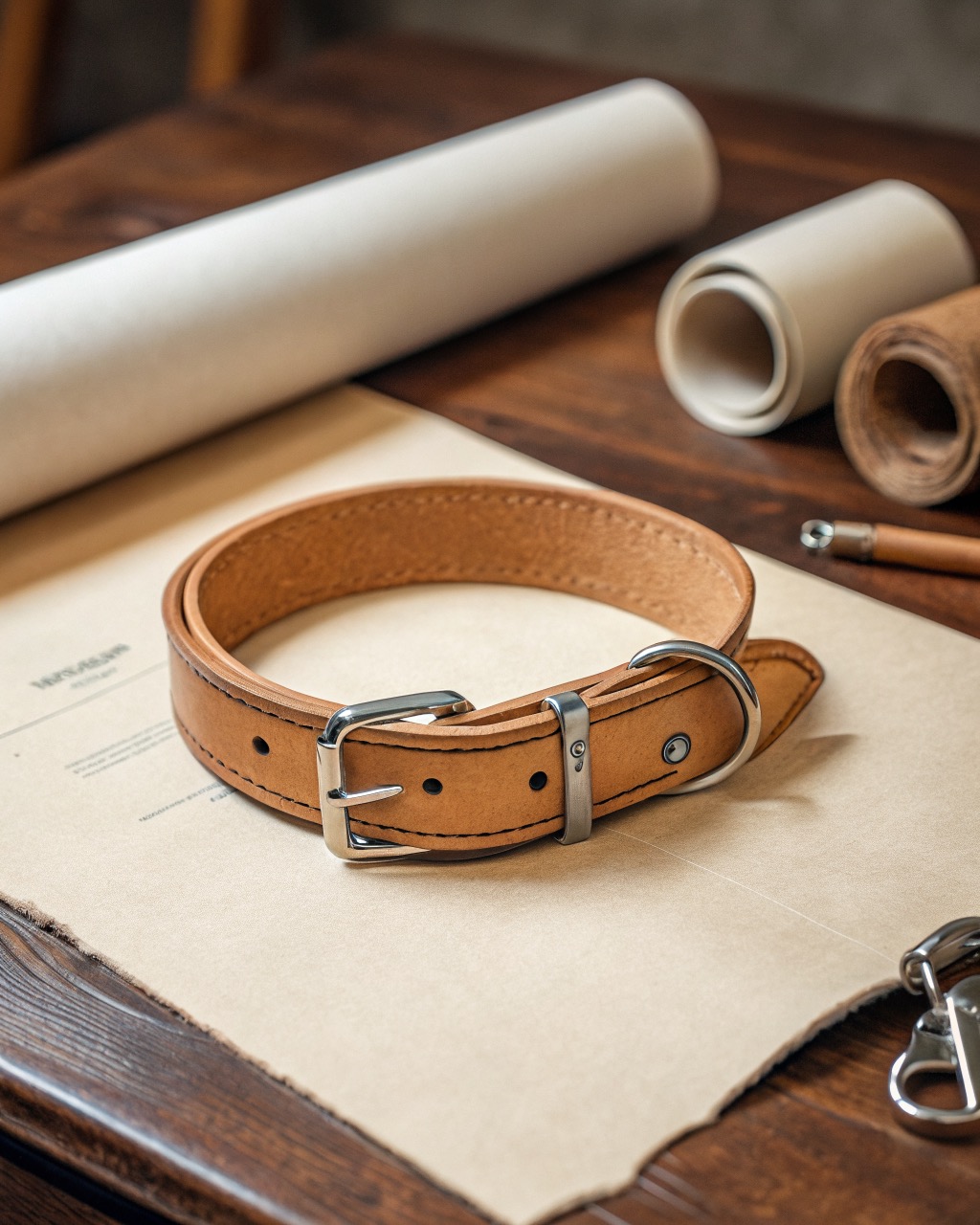 Tan full-grain leather dog collar laid flat showing neoprene-padded interior, steel roller buckle, and welded D-ring