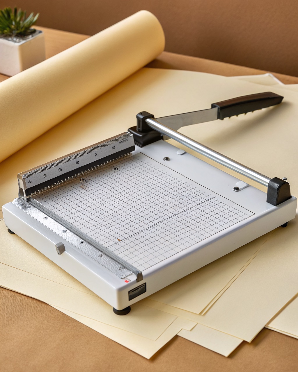 Steel-base A4 paper guillotine with a printed measurement grid and a clear safety guard over the blade arm