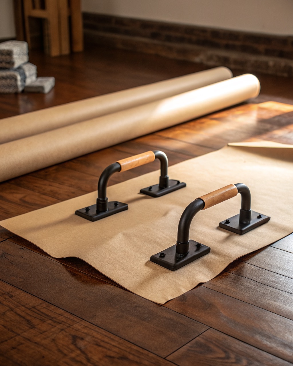 A pair of low parallettes with beech handles and black steel bases on a wood floor, photographed at a three-quarter angle