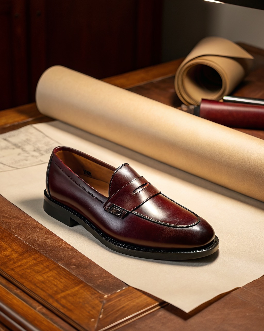 single oxblood polished calf leather penny loafer in three-quarter view on a plain pale backdrop, beef-roll strap and slim leather sole