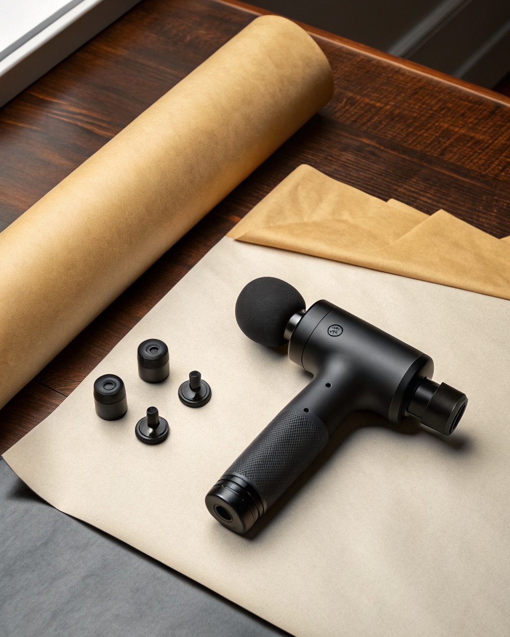 Matte black handheld percussive massage gun with the round head attached, lying beside three spare heads on a gray surface