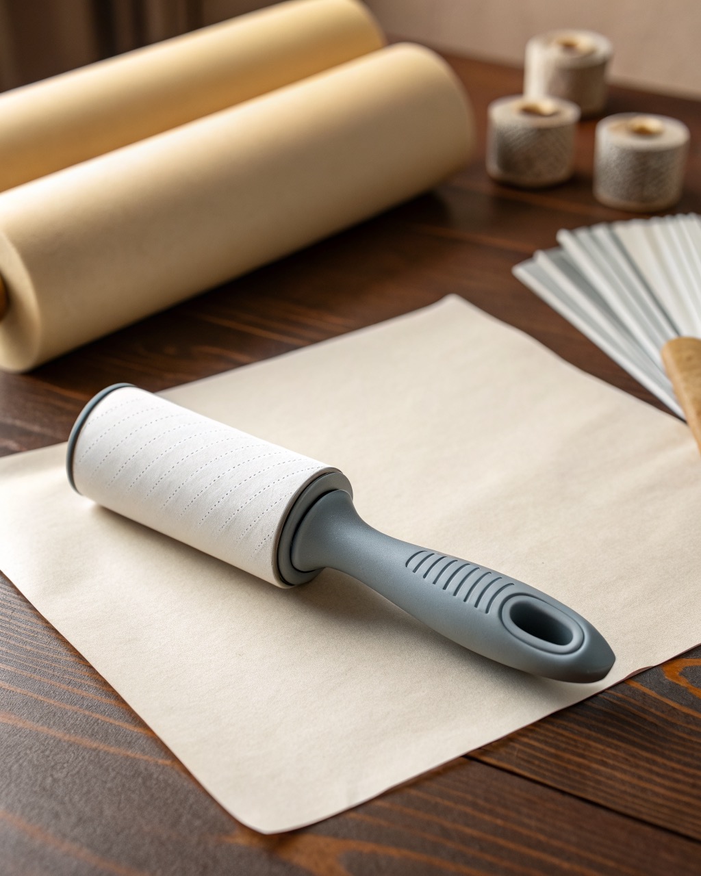 Pet hair lint roller with a white adhesive sheet barrel and a grey moulded handle photographed on a white background