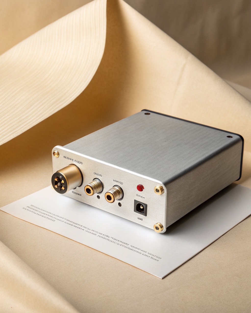 Small brushed aluminum phono preamplifier box with RCA jacks and a ground post on the rear panel and a single power LED on the front