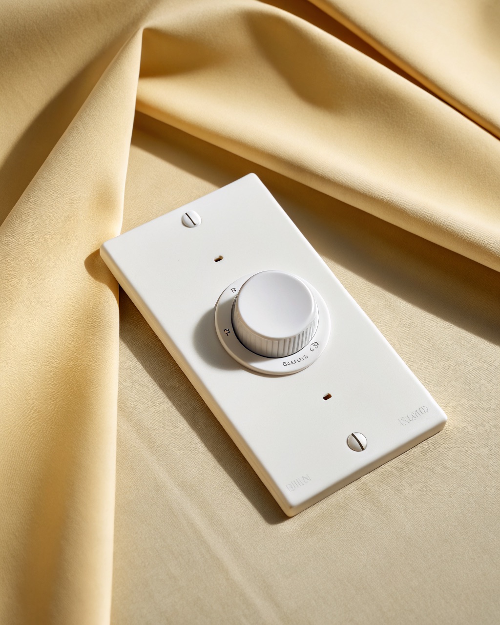Flat white wall dimmer plate with a round push-and-turn knob centered on the faceplate
