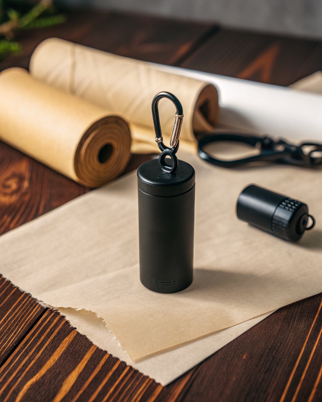 Black anodized aluminum dog waste bag dispenser cylinder with a carabiner clip photographed upright on a white background