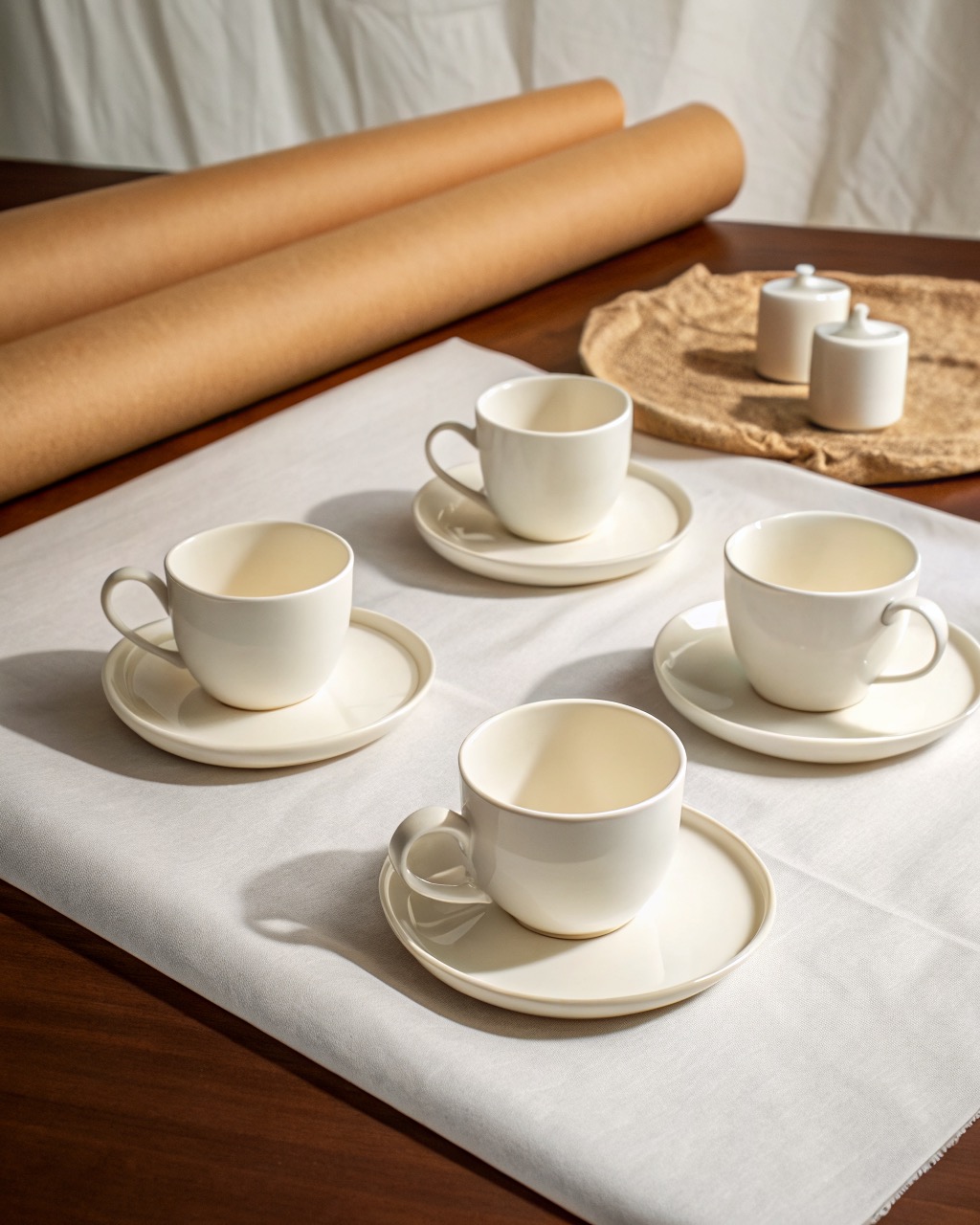 Four white porcelain tea cups on matching saucers with looped handles, arranged on a white studio background