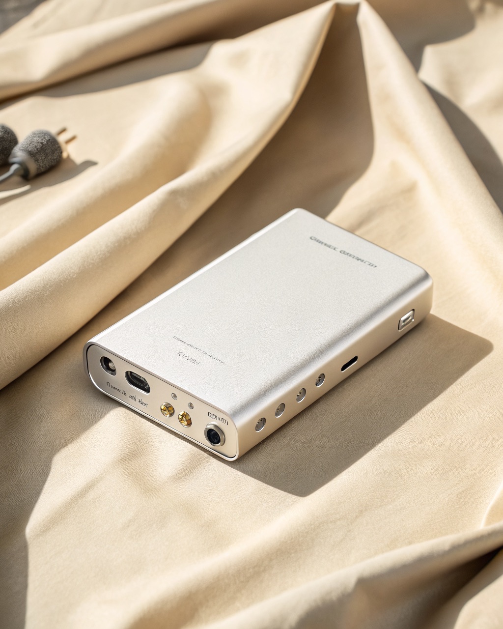 Small rectangular silver aluminum USB-C headphone amplifier dongle with a braided cable and two side-by-side output jacks