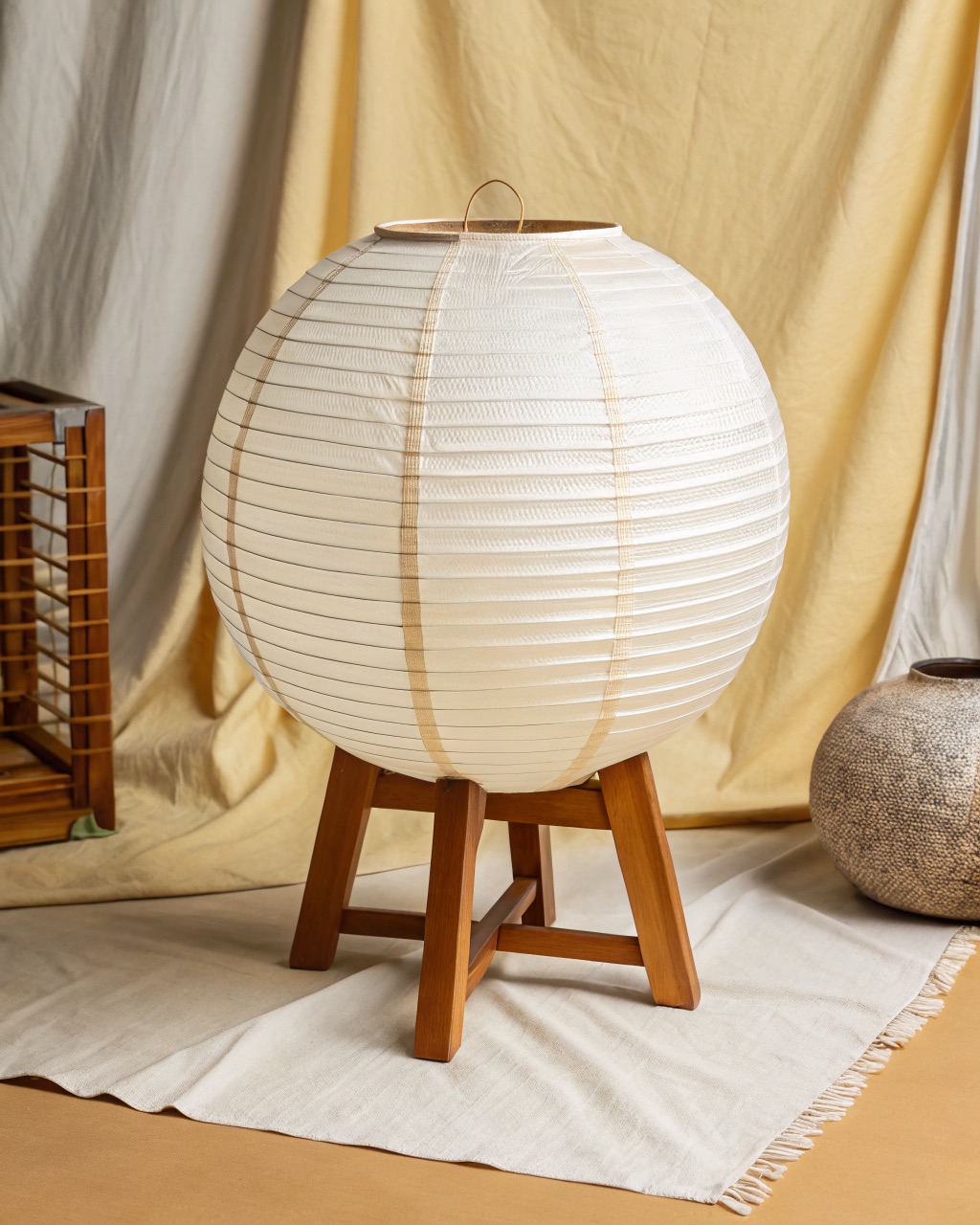 Round white rice-paper lantern with visible bamboo ribs resting on a low three-leg wooden stand