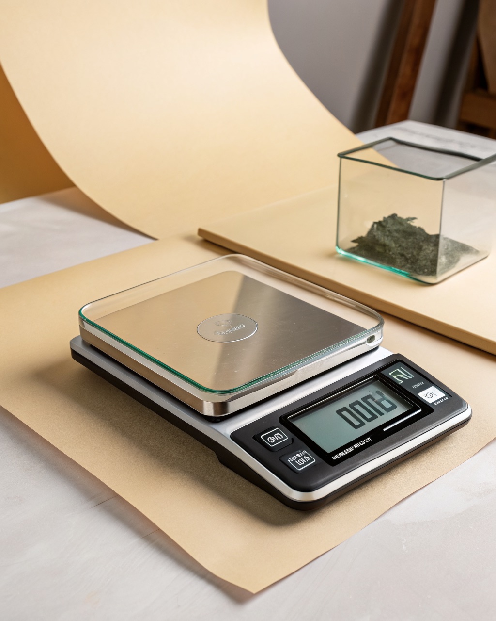 Kitchen scale with a square tempered glass platform and an LCD display showing grams