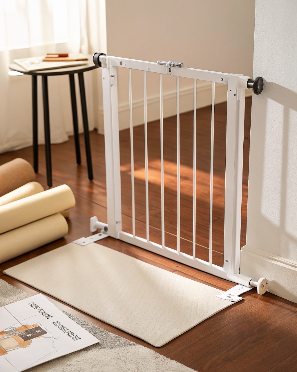 White powder-coated steel pressure-fit pet gate with a walk-through latch shown standing on a white background, front view