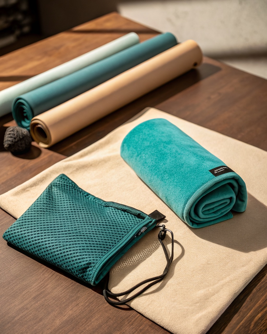 Teal microfiber quick-dry travel towel shown folded beside its mesh carry pouch with a corner snap loop visible on a plain surface