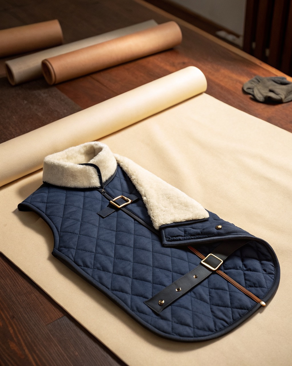 Navy quilted dog coat with a fleece-lined collar and belly strap laid flat showing the leash port on a white background