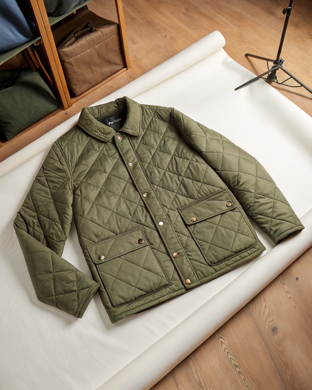 Olive diamond-quilted liner jacket laid flat with a snap front, knit collar, and two hand pockets