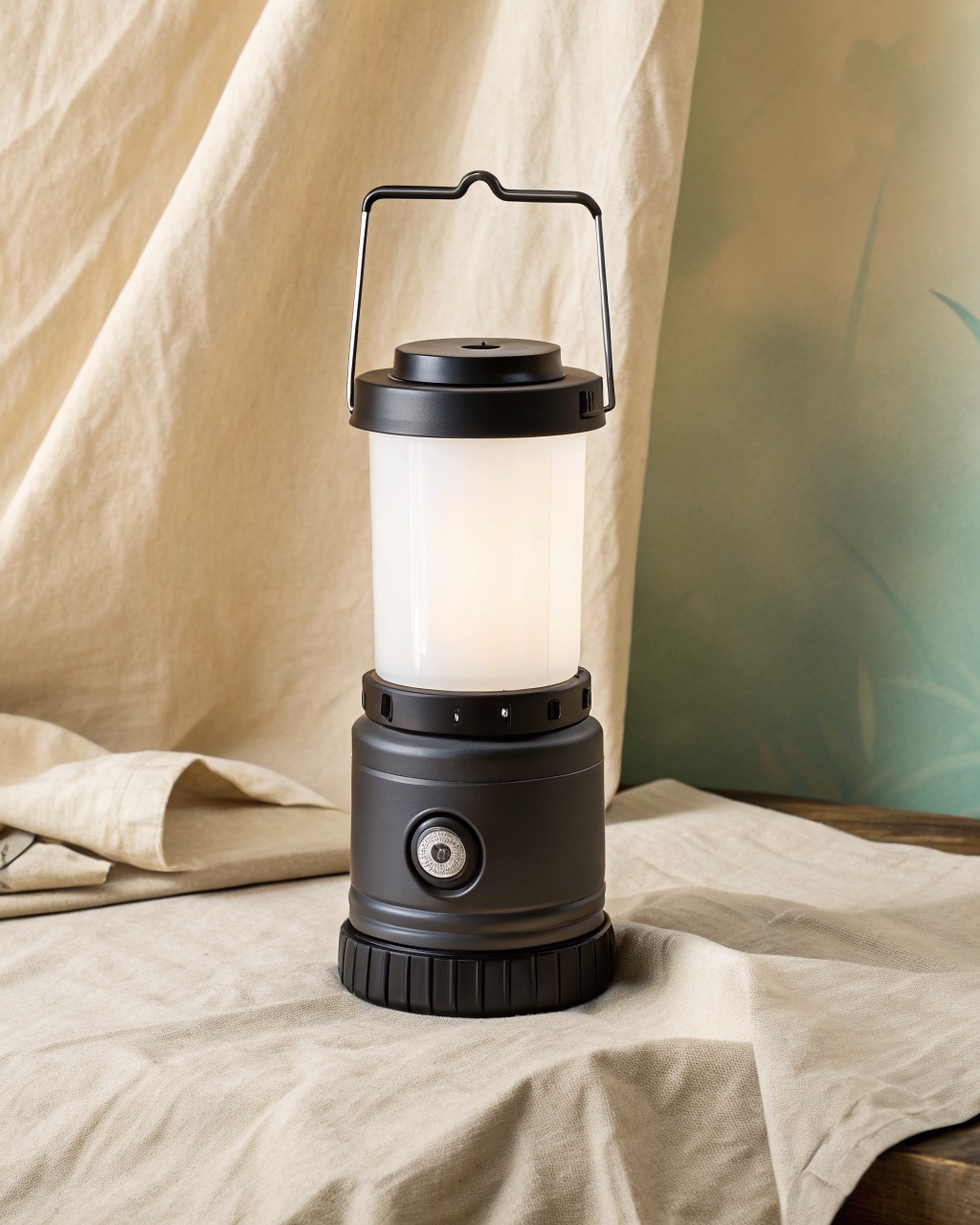 Cylindrical camp lantern with a frosted white diffuser glowing, a black base with a rotary dial, and a folded metal hanging hook