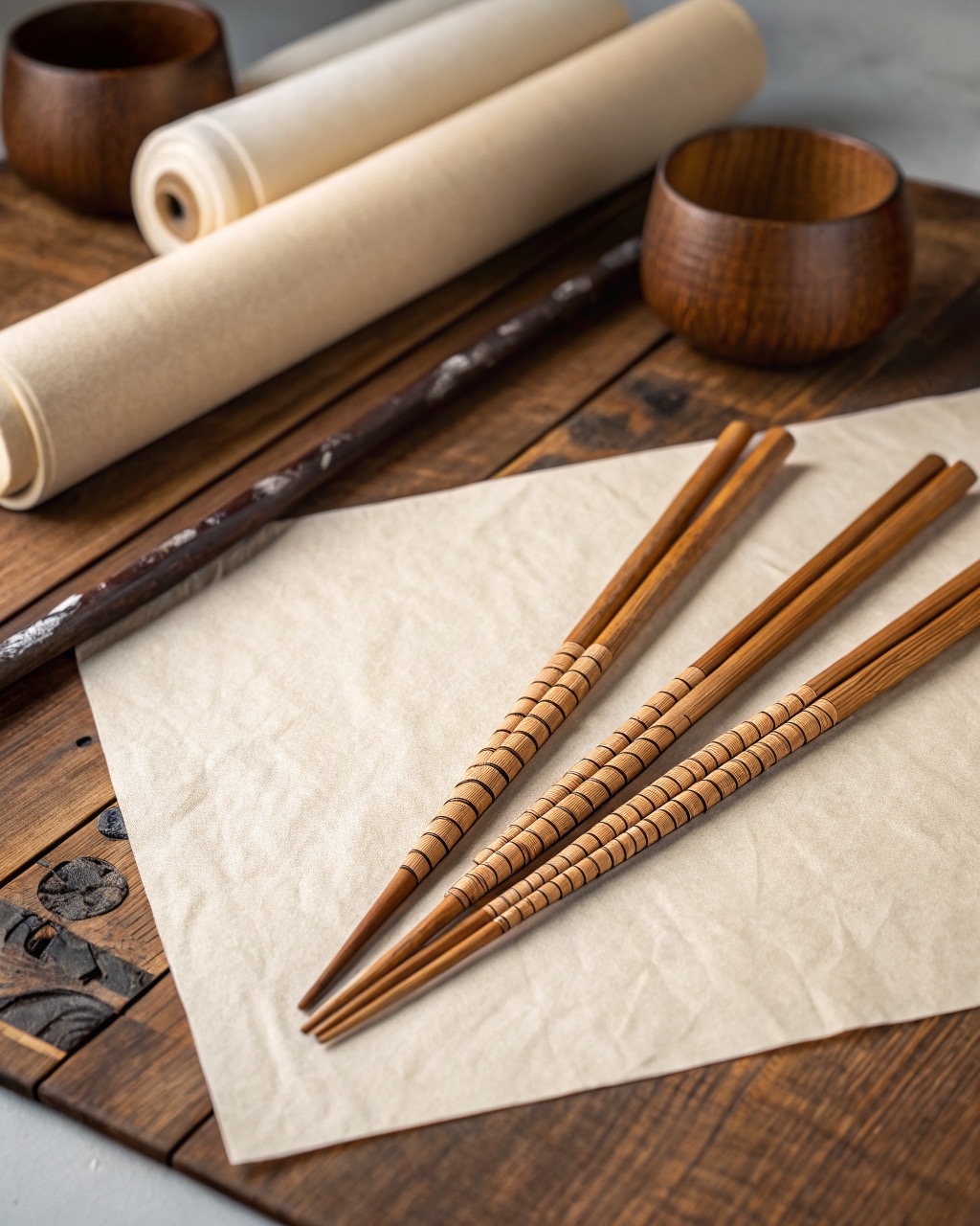 Five pairs of reclaimed oak chopsticks with tapered textured tips fanned across a white studio background