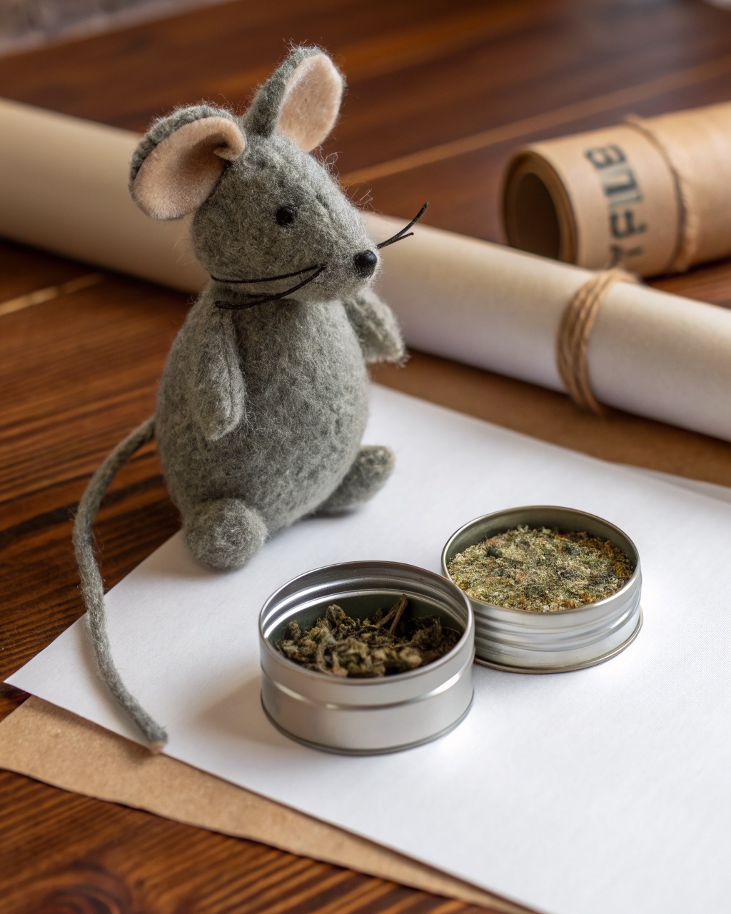 Grey felted wool toy mouse with a small zip along its belly photographed on a white background beside a tin of catnip