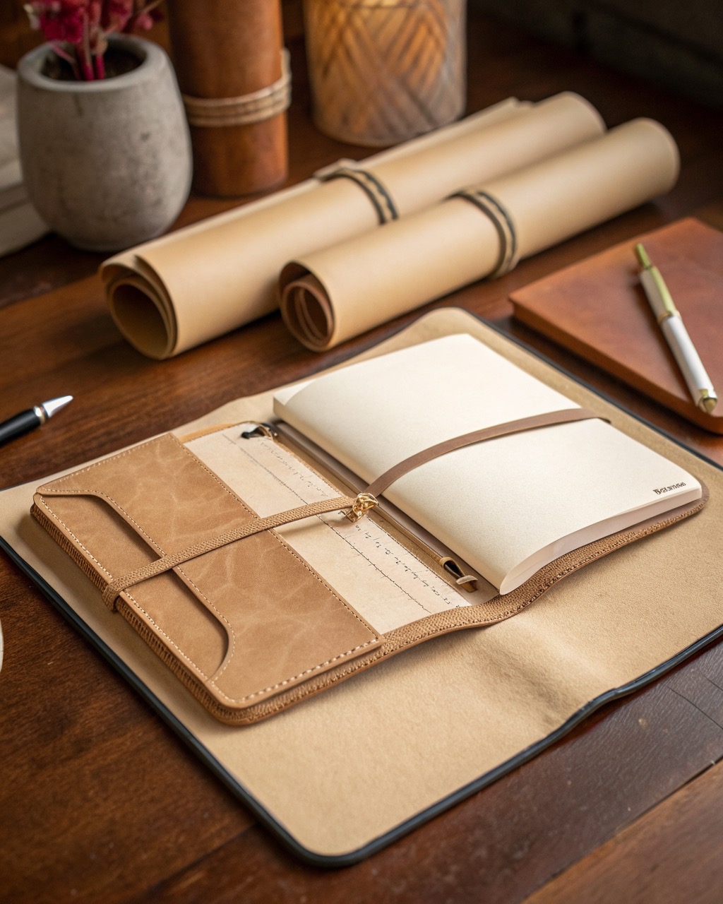 Undyed full-grain leather A5 notebook cover open flat showing interior elastic bands holding an insert, pen loop and closure strap visible