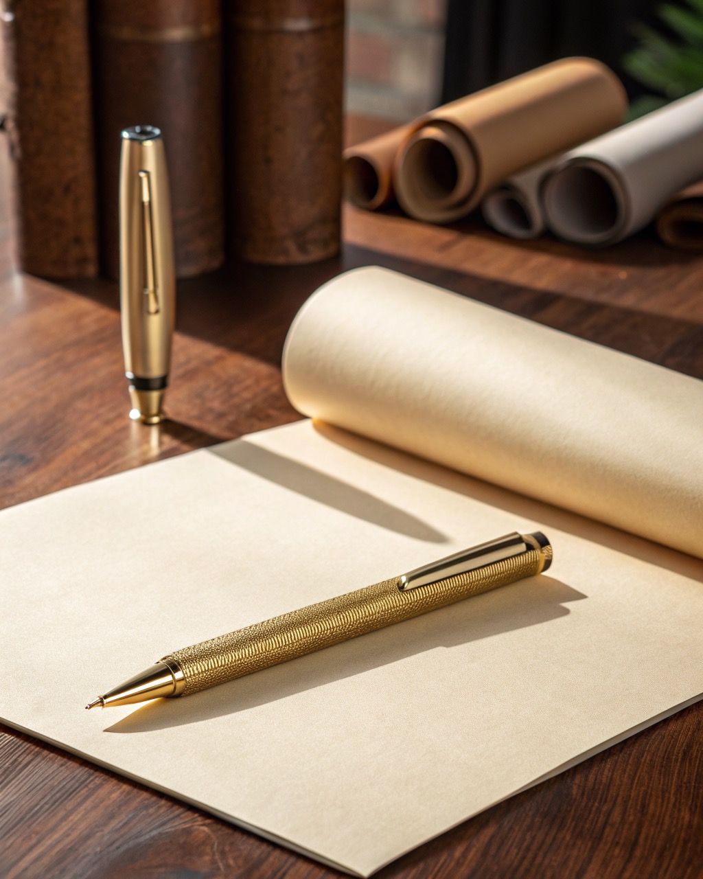 Brushed brass retractable ballpoint pen standing upright with tip extended and steel clip facing forward on a neutral surface