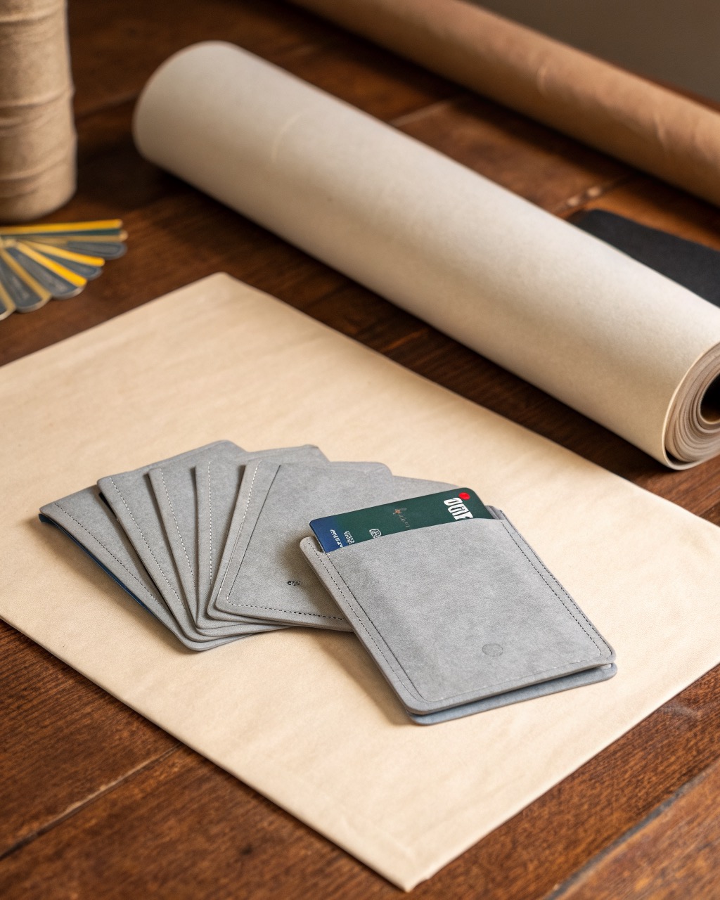 Six grey RFID card sleeves fanned out on a plain surface with one contactless card half inserted into the front sleeve