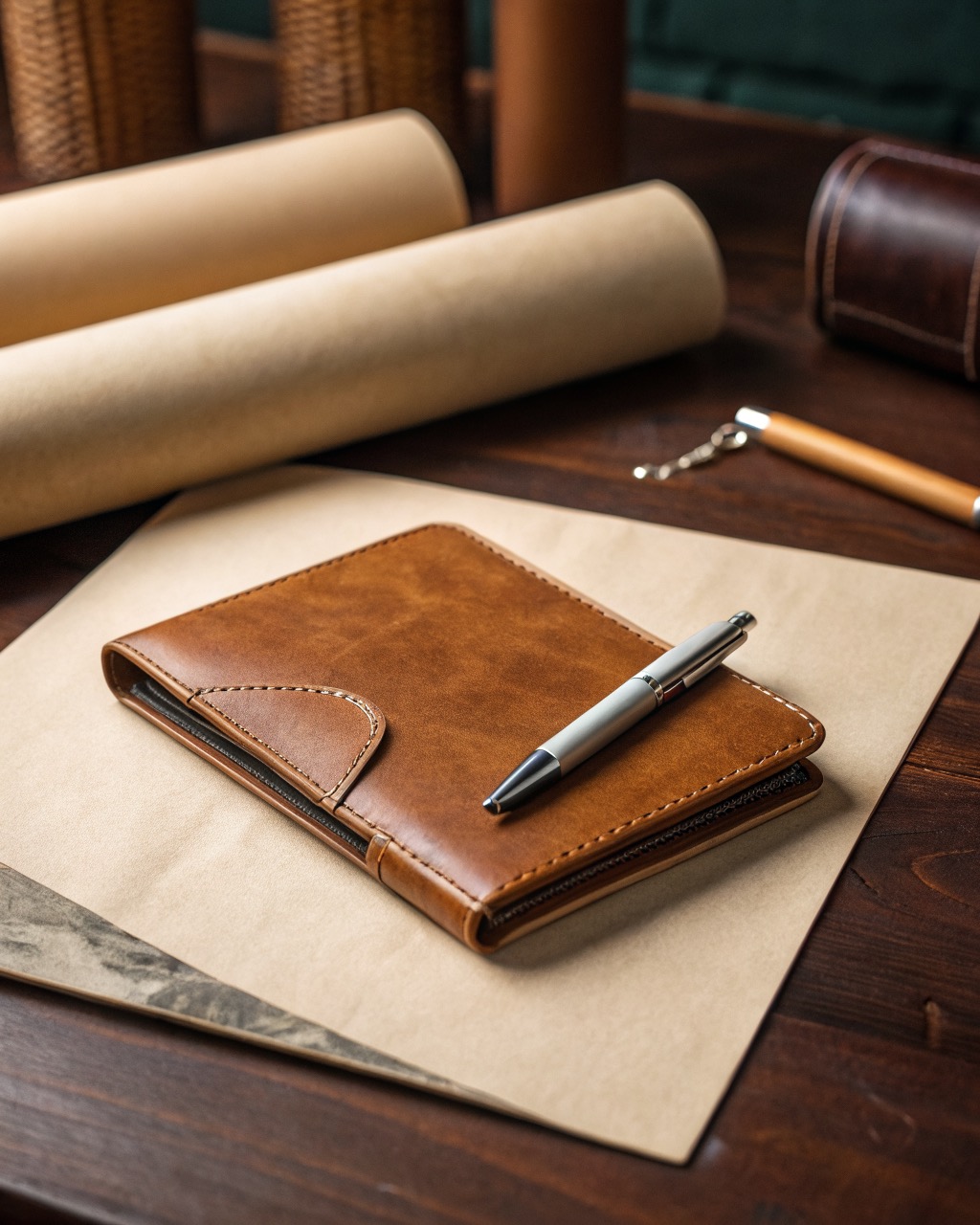 Tan full-grain leather passport holder shown closed at a slight angle with a slim pen tucked into the elastic loop on the spine
