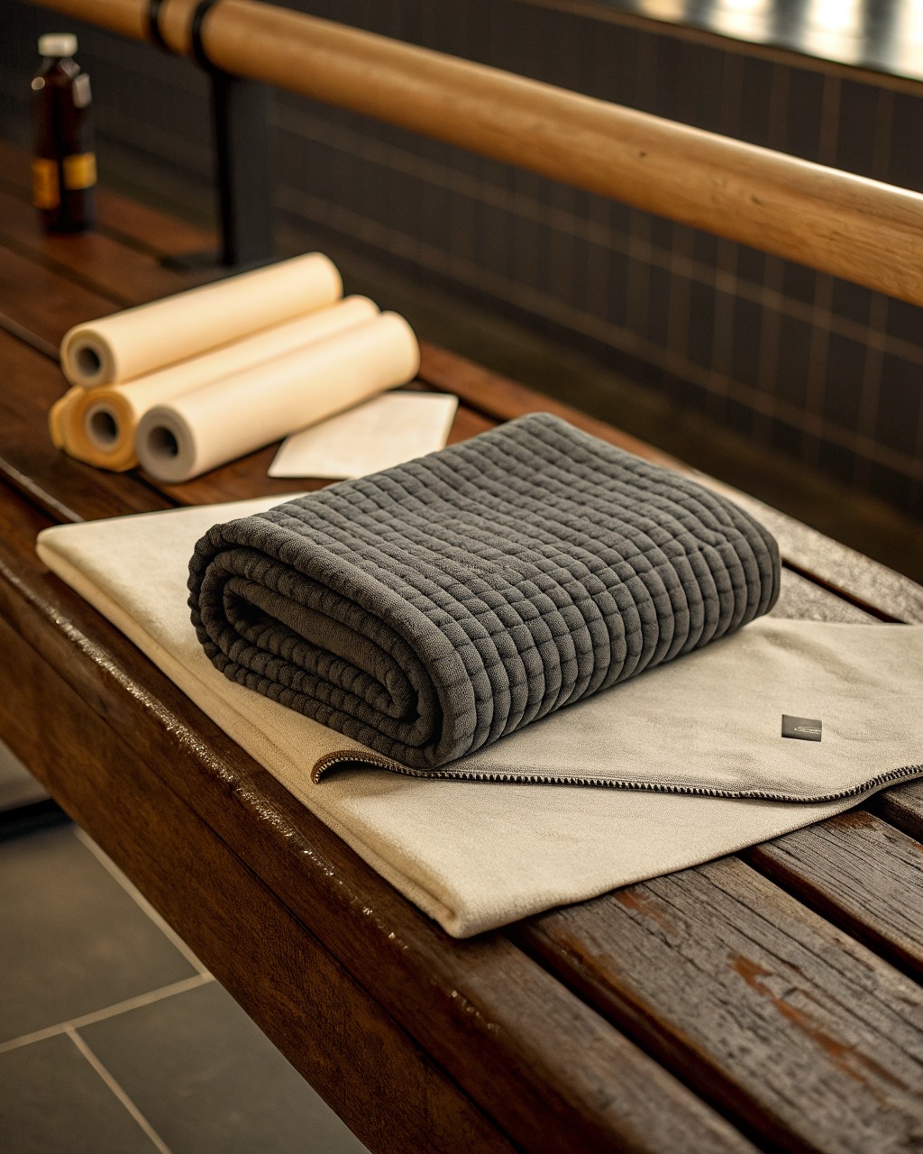 Graphite ribbed waffle-weave gym towel folded on a bench, with the end zip pocket visible at the top