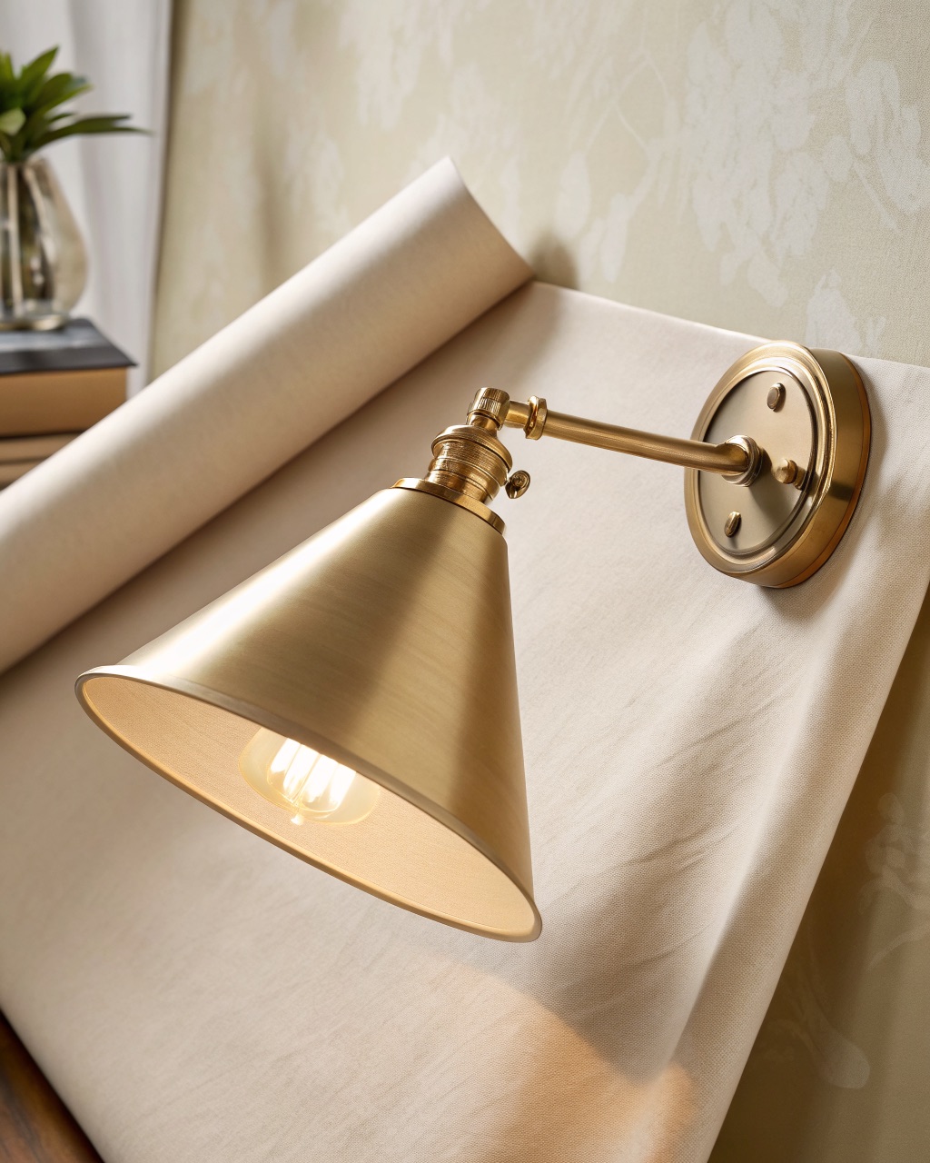 Matte black powder-coated steel wall sconce with a jointed arm and cylindrical pivoting head mounted beside a bed