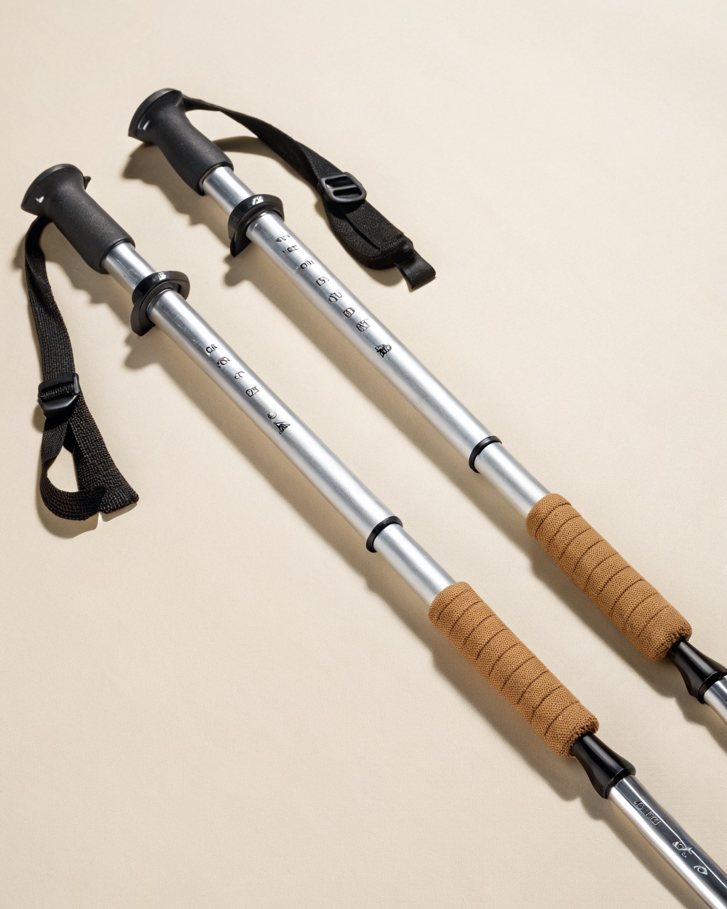 Pair of silver aluminum trekking poles with tan cork grips, black lever locks, and carbide tips laid side by side