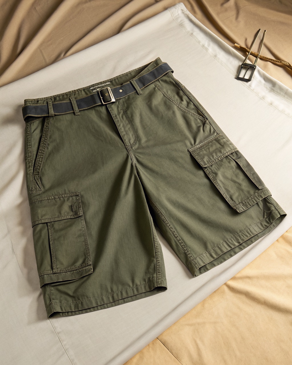 Olive ripstop cargo shorts laid flat, showing the flapped thigh cargo pockets and belt loops